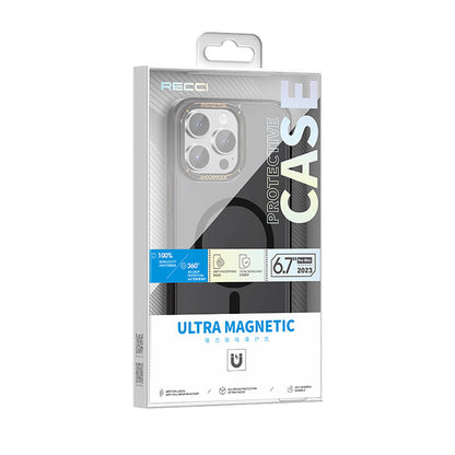 Apple iPhone 15 Pro Kılıf M-safe Şarj Özellikli Cam Arka Yüzey Recci Michelin Serisi Kapak Siyah