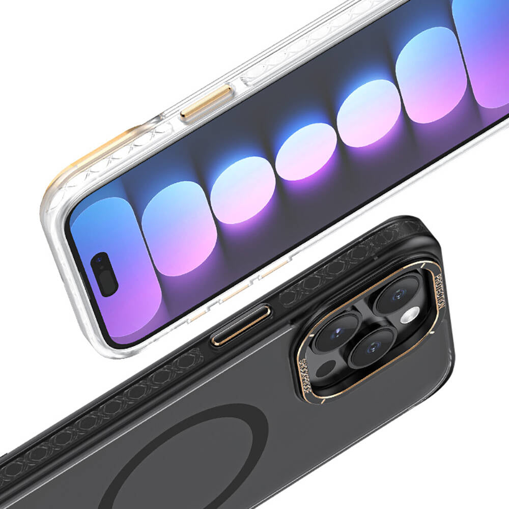 Apple iPhone 15 Pro Kılıf M-safe Şarj Özellikli Cam Arka Yüzey Recci Michelin Serisi Kapak Siyah