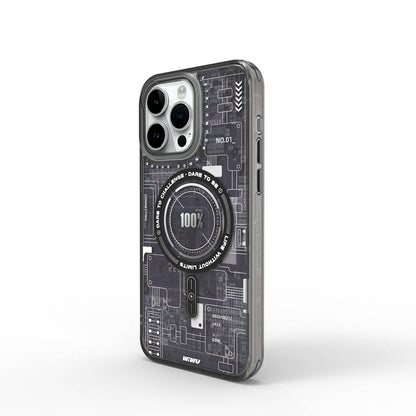 Apple iPhone 15 Pro Kılıf M-safe Şarj Özellikli Desenli Wiwu Mecha Circuit H Serisi Kapak Gri