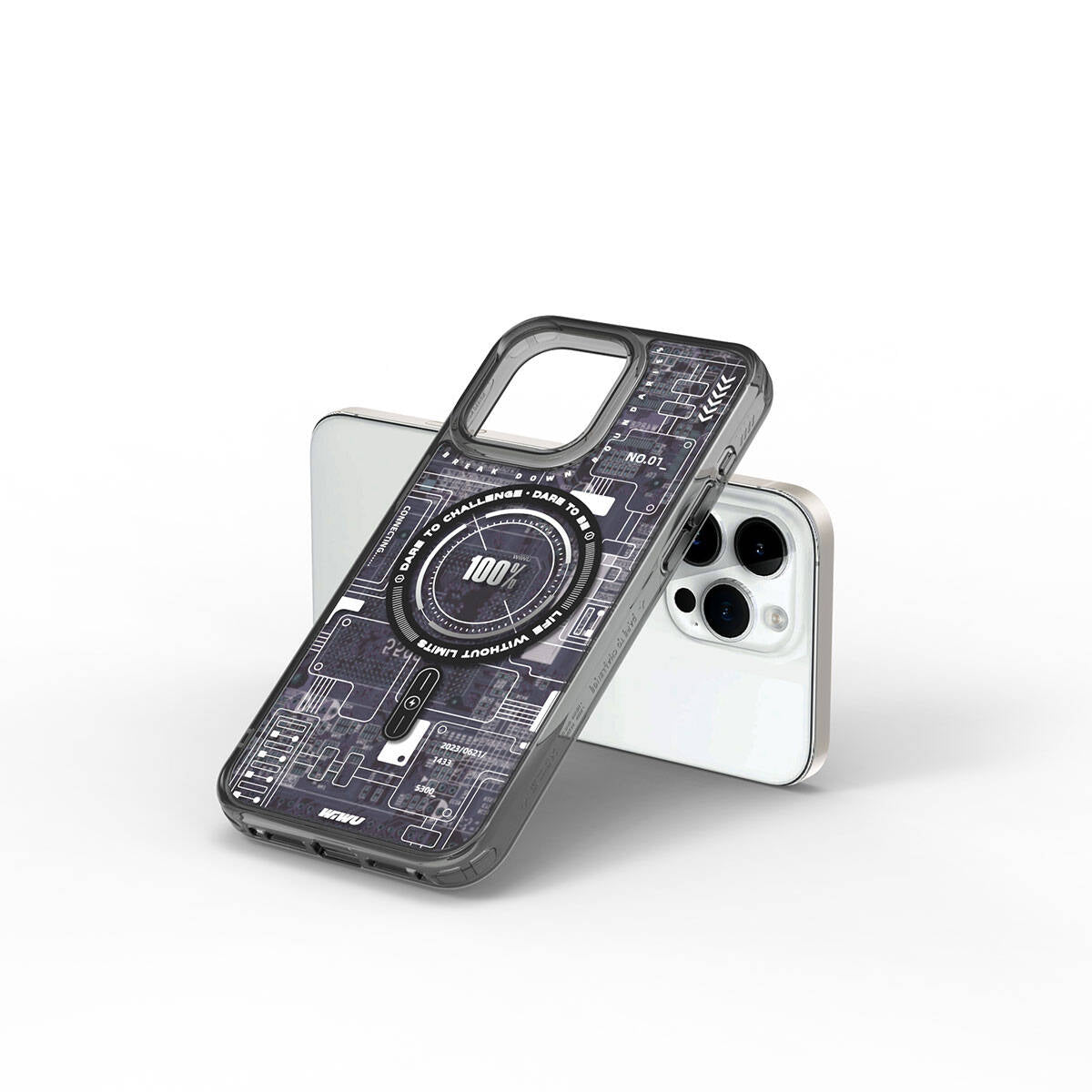 Apple iPhone 15 Pro Kılıf M-safe Şarj Özellikli Desenli Wiwu Mecha Circuit H Serisi Kapak Gri