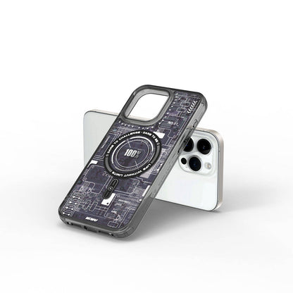 Apple iPhone 15 Pro Kılıf M-safe Şarj Özellikli Desenli Wiwu Mecha Circuit H Serisi Kapak Gri