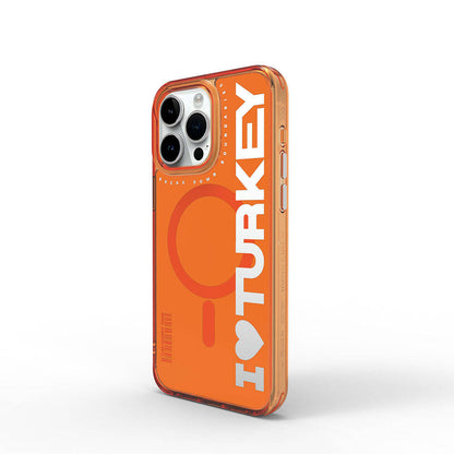 Apple iPhone 15 Pro Kılıf M-safe Şarj Özellikli I Love Turkey Yazı Desenli Wiwu Turkey E Serisi Kapak Turuncu