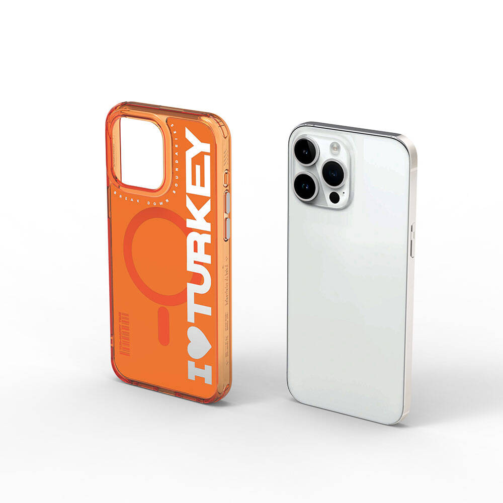 Apple iPhone 15 Pro Kılıf M-safe Şarj Özellikli I Love Turkey Yazı Desenli Wiwu Turkey E Serisi Kapak Turuncu