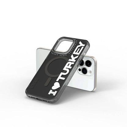 Apple iPhone 15 Pro Kılıf M-safe Şarj Özellikli I Love Turkey Yazı Desenli Wiwu Turkey E Serisi Kapak Yeşil