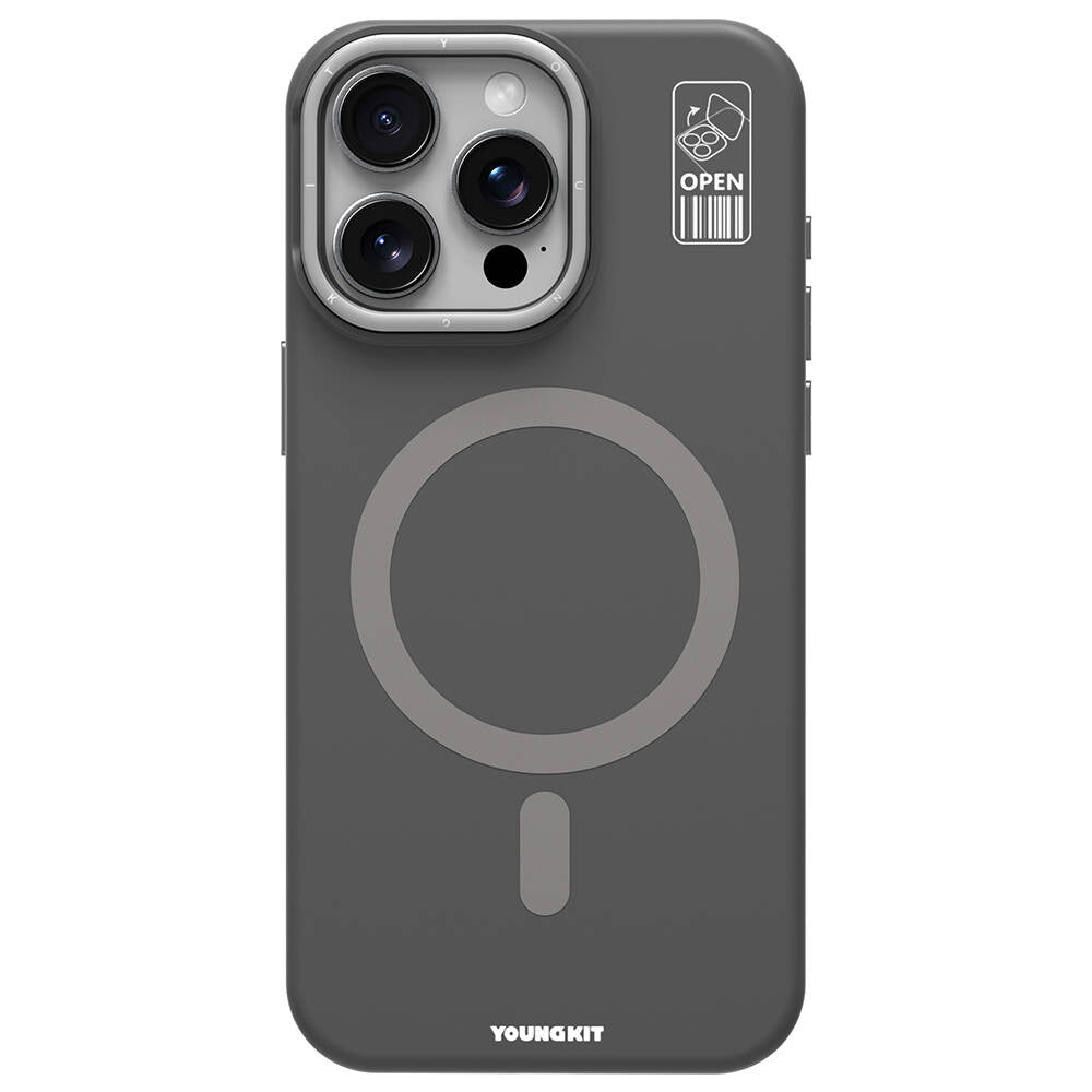 Apple iPhone 15 Pro Kılıf M-safe Şarj Özellikli Kamera Standlı Youngkit Bitty Cream Kapak Gri