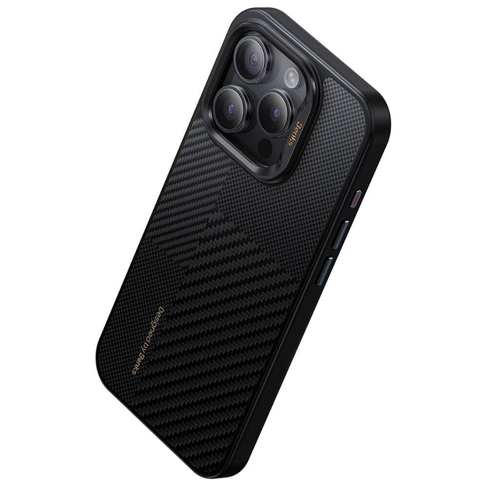 Apple iPhone 15 Pro Kılıf M-safe Şarj Özellikli Karbon Fiber Benks Montage Hybrid ArmorPro Kevlar Kapak Siyah
