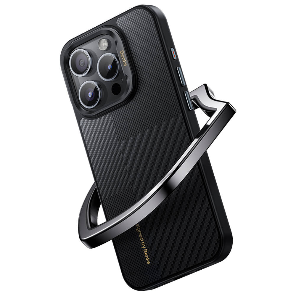 Apple iPhone 15 Pro Kılıf M-safe Şarj Özellikli Karbon Fiber Benks Montage Hybrid ArmorPro Kevlar Kapak Siyah