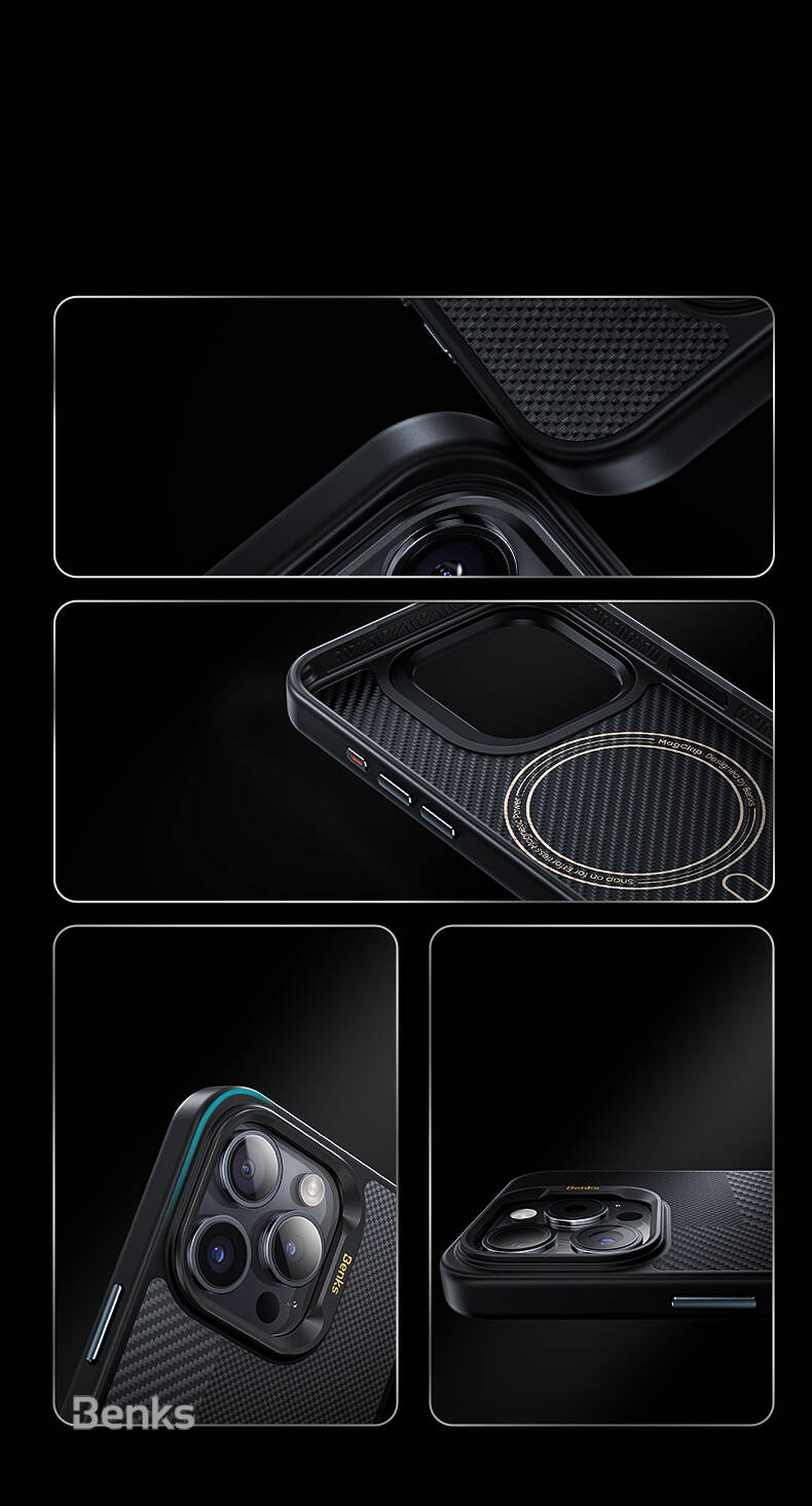 Apple iPhone 15 Pro Kılıf M-safe Şarj Özellikli Karbon Fiber Benks Montage Hybrid ArmorPro Kevlar Kapak Siyah