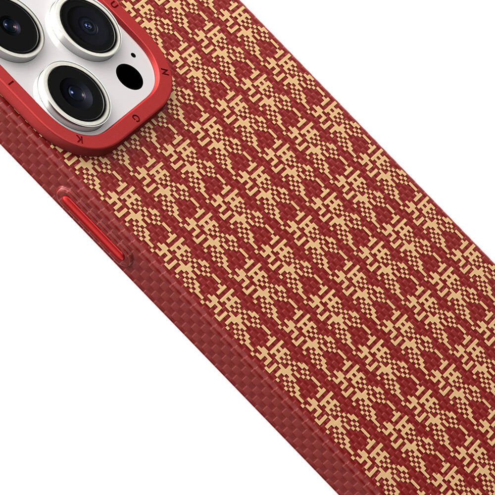 Apple iPhone 15 Pro Kılıf M-safe Şarj Özellikli Kevlar 1500D Youngkit Auspicious Loong Serisi Kapak Kırmızı