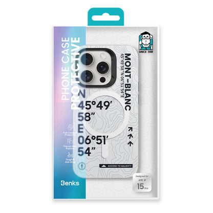 Apple iPhone 15 Pro Kılıf M-safe Şarj Özellikli Koordinat Yazı Desenli Benks Summit Serisi Kapak Beyaz