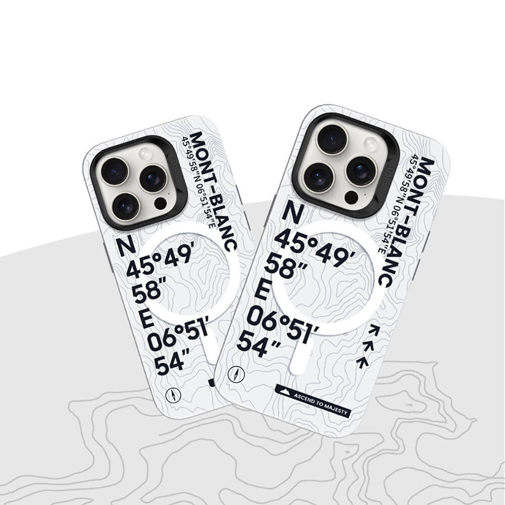 Apple iPhone 15 Pro Kılıf M-safe Şarj Özellikli Koordinat Yazı Desenli Benks Summit Serisi Kapak Beyaz