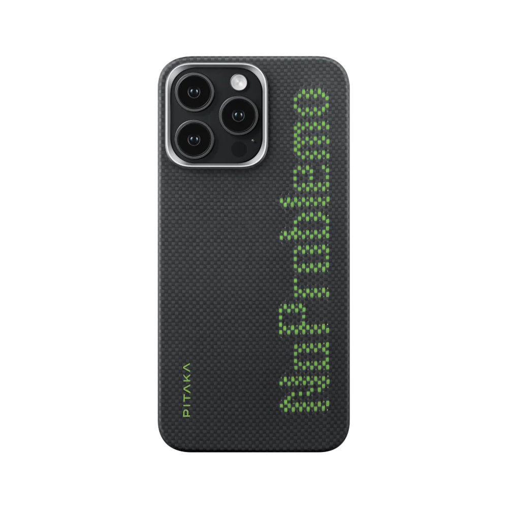 Apple iPhone 15 Pro Kılıf M-safe Şarj Özellikli Lumintex Teknolojili Fosforlu Aramid Fiber Pitaka Tactile Woven Aries Serisi Kapak Siyah