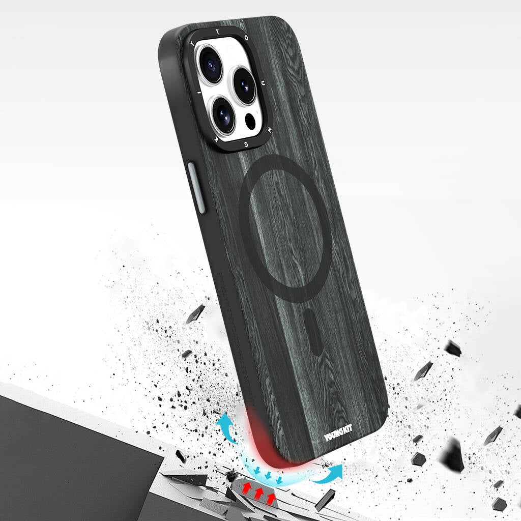 Apple iPhone 15 Pro Kılıf M-safe Şarj Özellikli Sararmaya Dayanıklı Youngkit Wood Forest Serisi Kapak Siyah