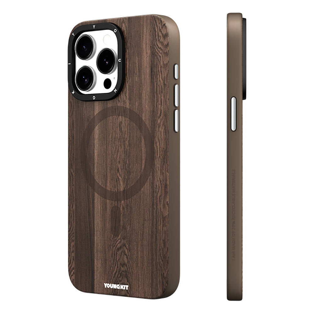 Apple iPhone 15 Pro Kılıf M-safe Şarj Özellikli Sararmaya Dayanıklı Youngkit Wood Forest Serisi Kapak Kahverengi