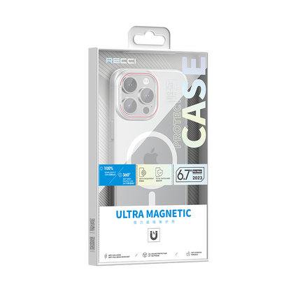 Apple iPhone 15 Pro Kılıf M-safe Şarj Özellikli Standlı Metal Kamera Çerçeveli Mat Recci Glaze Serisi Kapak Beyaz