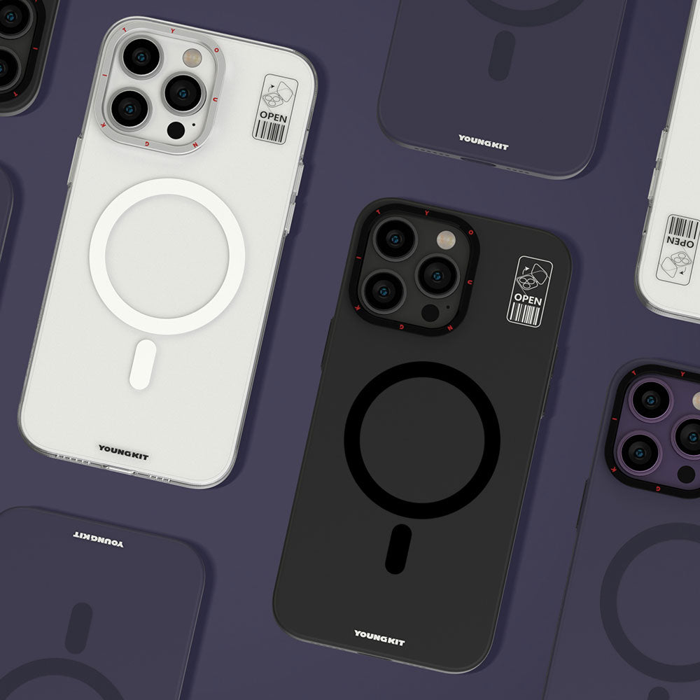 Apple iPhone 15 Pro Kılıf M-safe Şarj Özellikli Standlı YoungKit Hermit Bracket Serisi Kapak Beyaz