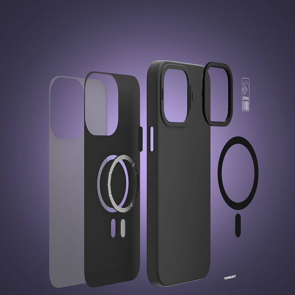 Apple iPhone 15 Pro Kılıf M-safe Şarj Özellikli Standlı YoungKit Hermit Bracket Serisi Kapak Beyaz