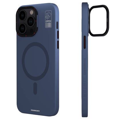 Apple iPhone 15 Pro Kılıf M-safe Şarj Özellikli Standlı YoungKit Hermit Bracket Serisi Kapak Mavi