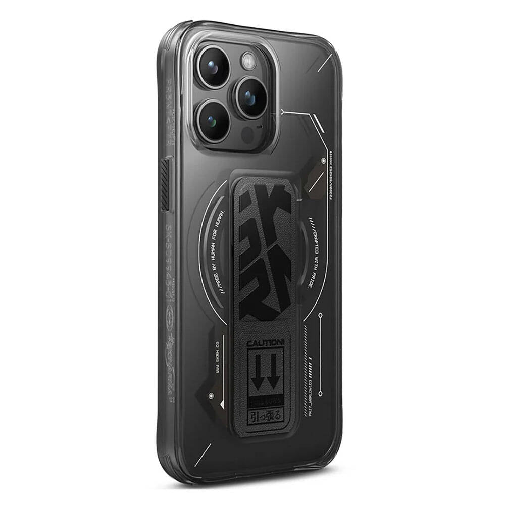 Apple iPhone 15 Pro Kılıf M-safe Şarj Özellikli Teknoloji Desenli Standlı Skinarma Helio Kapak Siyah