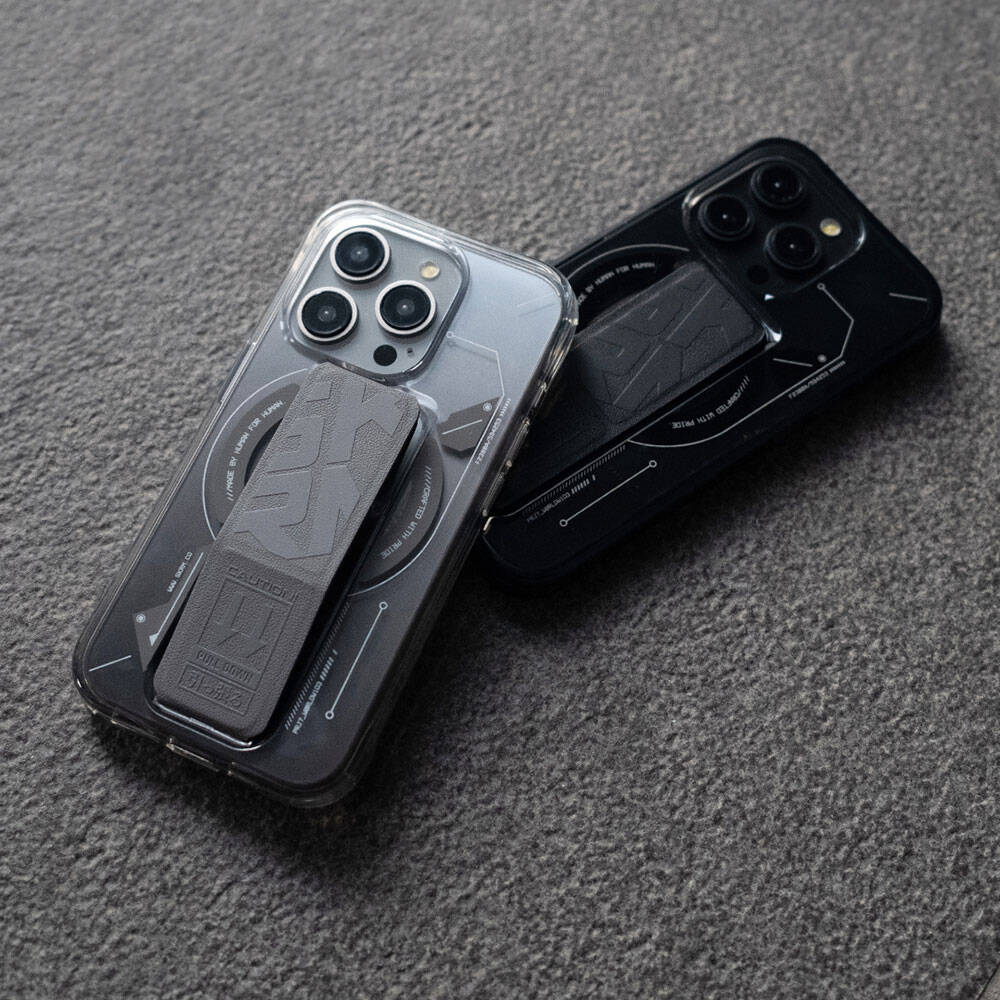 Apple iPhone 15 Pro Kılıf M-safe Şarj Özellikli Teknoloji Desenli Standlı Skinarma Helio Kapak Gri