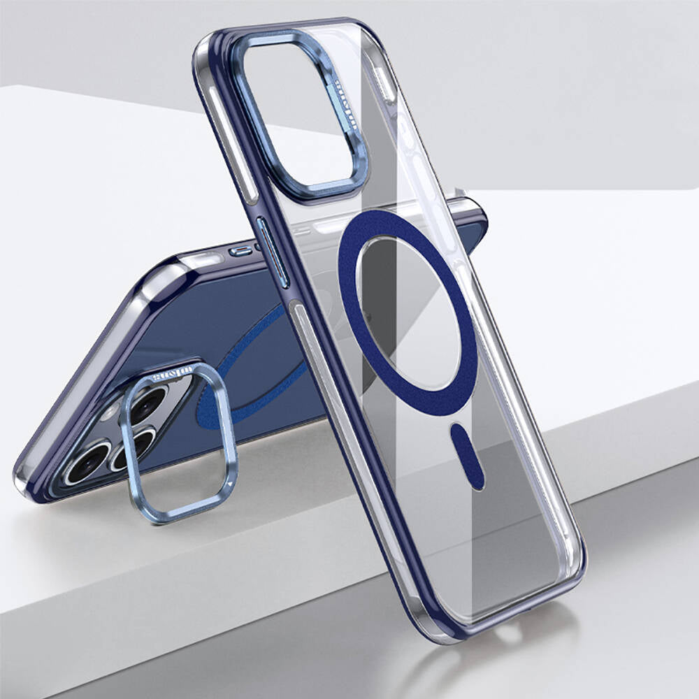 Apple iPhone 15 Pro Kılıf M-safe Şarj Özellikli Wlons Standlı Efsane Kapak Mavi