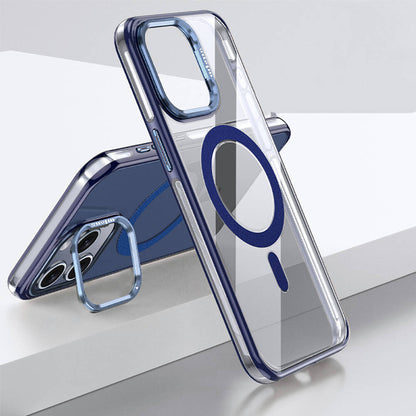 Apple iPhone 15 Pro Kılıf M-safe Şarj Özellikli Wlons Standlı Efsane Kapak Mavi