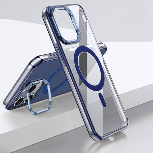 Apple iPhone 15 Pro Kılıf M-safe Şarj Özellikli Wlons Standlı Efsane Kapak Mavi