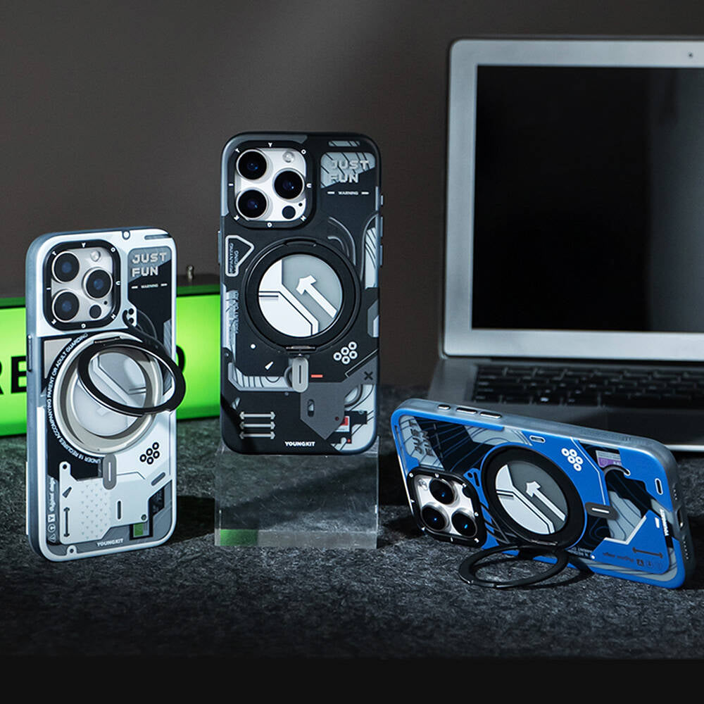 Apple iPhone 15 Pro Kılıf M-safe Şarj Özellikli Youngkit 360° Standlı Starship Serisi Kapak Mavi