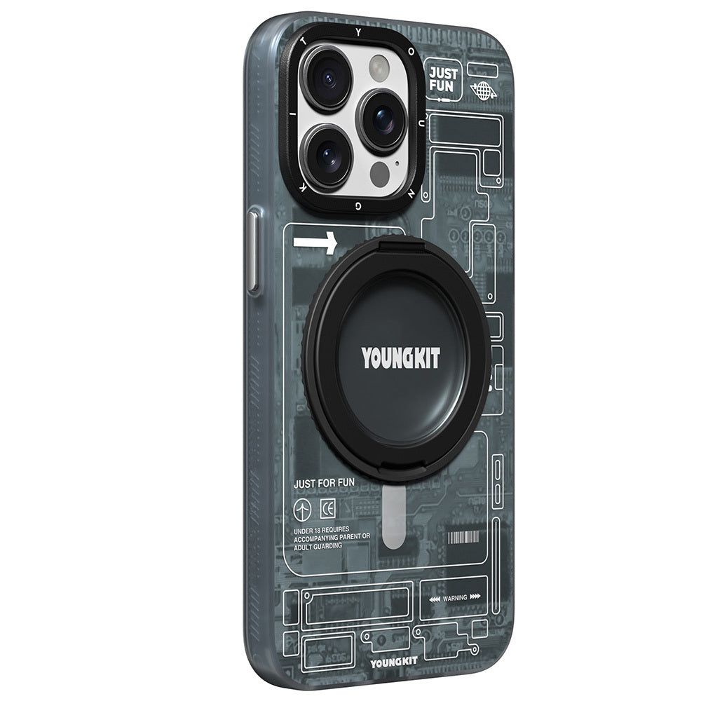 Apple iPhone 15 Pro Kılıf M-safe Şarj Özellikli Youngkit 360° Standlı Technology Serisi Kapak Gri