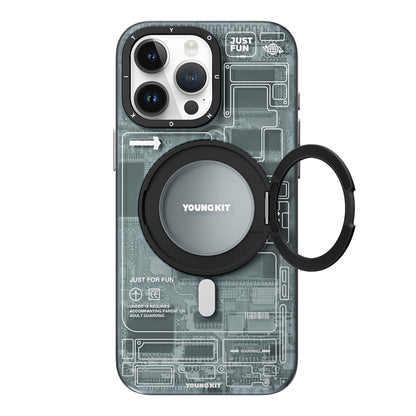 Apple iPhone 15 Pro Kılıf M-safe Şarj Özellikli Youngkit 360° Standlı Technology Serisi Kapak Mavi