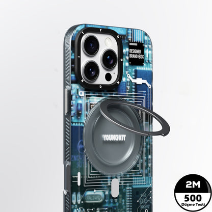 Apple iPhone 15 Pro Kılıf M-safe Şarj Özellikli Youngkit 360° Standlı Technology Serisi Kapak Mavi