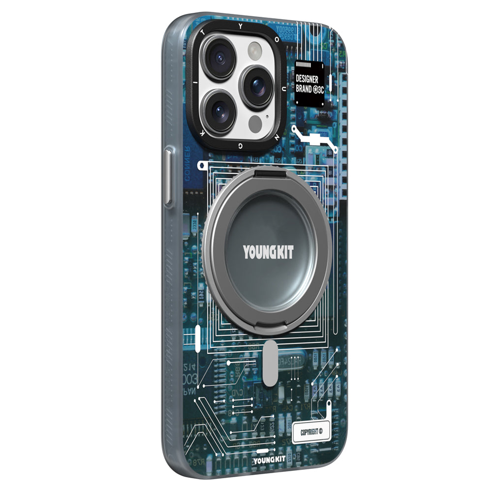 Apple iPhone 15 Pro Kılıf M-safe Şarj Özellikli Youngkit 360° Standlı Technology Serisi Kapak Gri