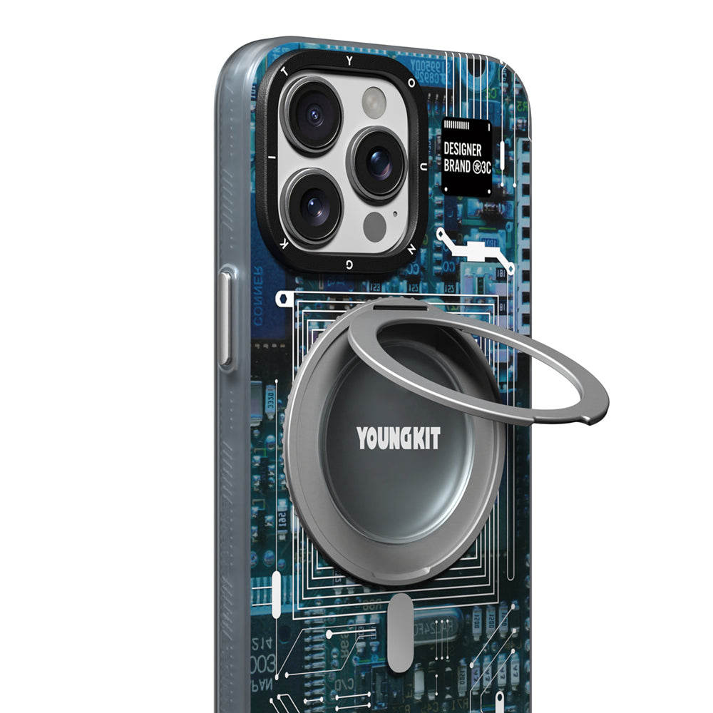 Apple iPhone 15 Pro Kılıf M-safe Şarj Özellikli Youngkit 360° Standlı Technology Serisi Kapak Mavi