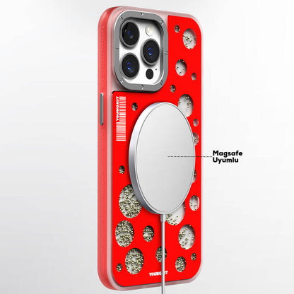 Apple iPhone 15 Pro Kılıf M-safe Şarj Özellikli Youngkit Quicksand Beads Serisi Kapak Beyaz