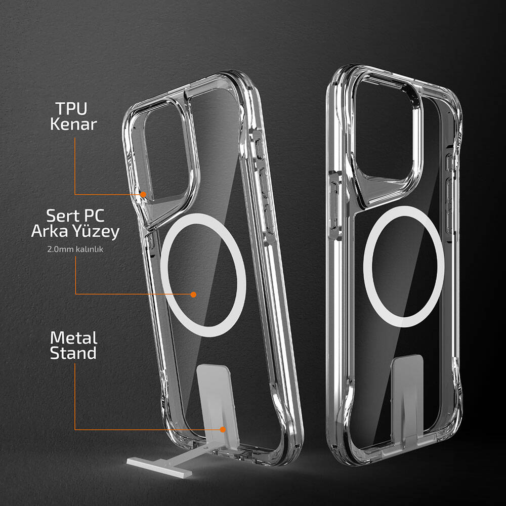 Apple iPhone 15 Pro Kılıf M-safe Şarj Özellikli Zore T-Max Standlı Kapak Renksiz