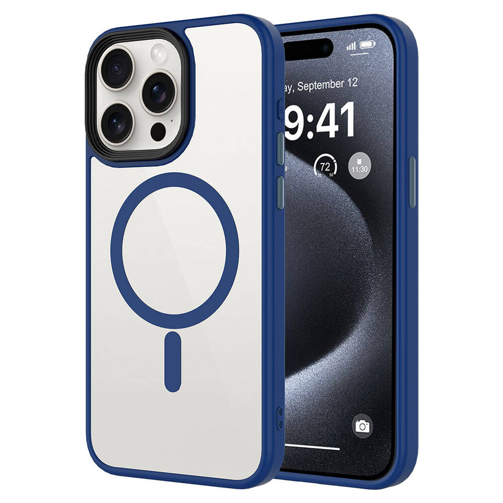 Apple iPhone 15 Pro Kılıf Mat Arka Yüzey Wireless Şarj Özellikli Zore Flet M-safe Kapak Midnight