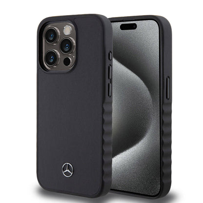 Apple iPhone 15 Pro Kılıf Mercedes Benz Orjinal Lisanslı Tırtıklı Kenar Tasarımlı Metal Yıldız Logolu Pürüzsüz Hakiki Deri Kapak