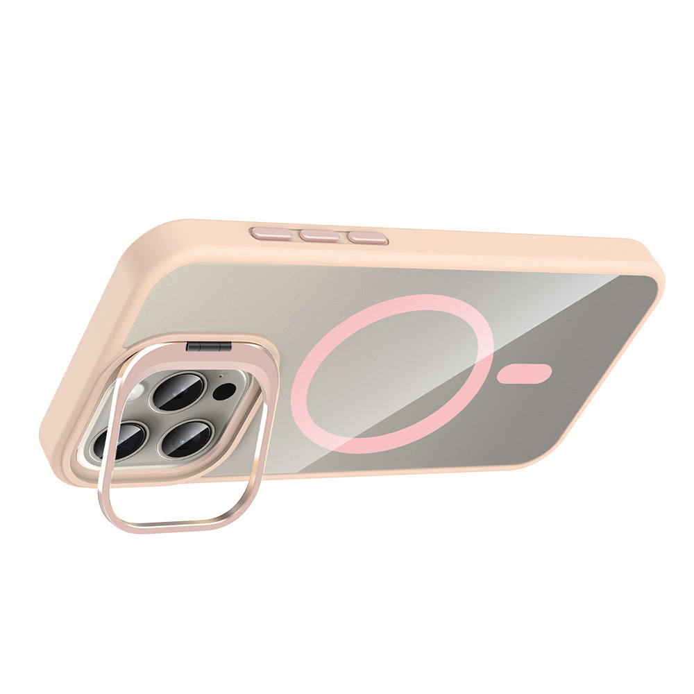 Apple iPhone 15 Pro Kılıf Standlı ve Kamera Lens Hediyeli M-Safe Şarj Özellikli Zore Etro Kapak Desert Titanyum