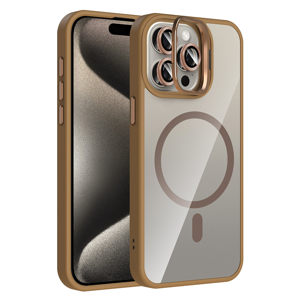 Apple iPhone 15 Pro Kılıf Standlı ve Kamera Lens Hediyeli M-Safe Şarj Özellikli Zore Etro Kapak Desert Titanyum