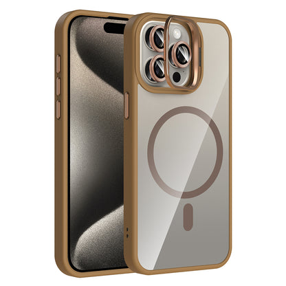 Apple iPhone 15 Pro Kılıf Standlı ve Kamera Lens Hediyeli M-Safe Şarj Özellikli Zore Etro Kapak Desert Titanyum