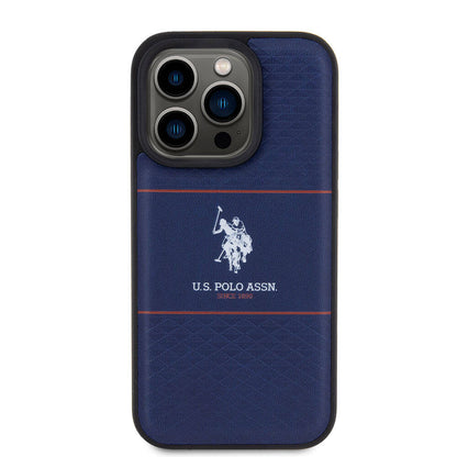 Apple iPhone 15 Pro Kılıf U.S. Polo Assn. Orjinal Lisanslı Deri Şeritli Logo Dizayn Kapak Lacivert