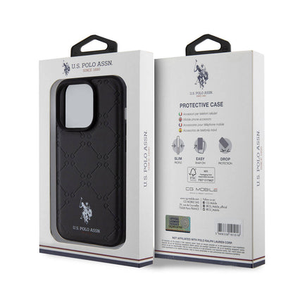 Apple iPhone 15 Pro Kılıf U.S. Polo Assn. Orjinal Lisanslı HS Desenli Baskı Logolu Suni Deri Kapak Siyah