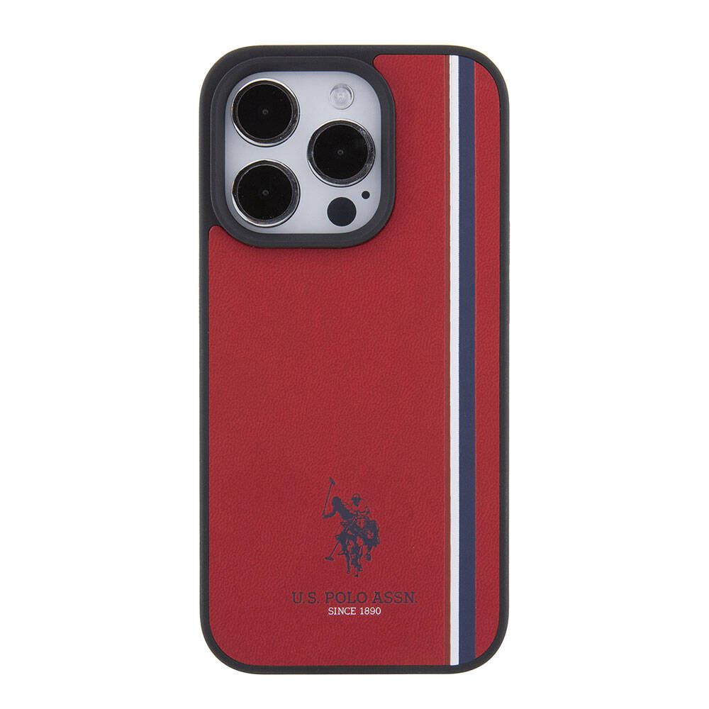 Apple iPhone 15 Pro Kılıf U.S. Polo Assn. Orjinal Lisanslı Üç Renk Şerit Tasarımlı Baskı Logolu Kapak Kırmızı
