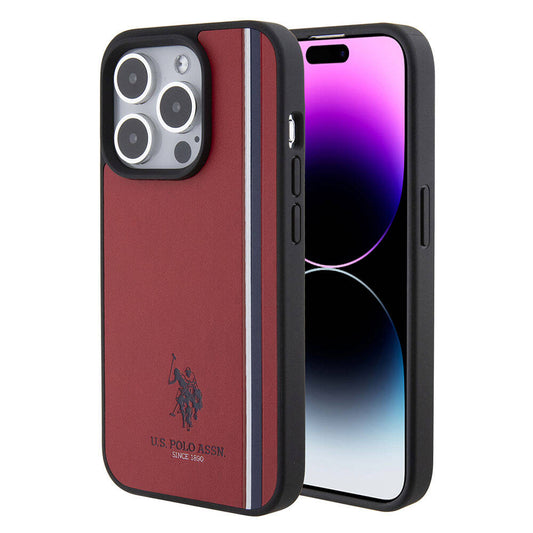 Apple iPhone 15 Pro Kılıf U.S. Polo Assn. Orjinal Lisanslı Üç Renk Şerit Tasarımlı Baskı Logolu Kapak Kırmızı