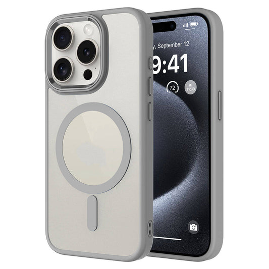 Apple iPhone 15 Pro Kılıf Wireless Şarj Özellikli Zore Krom M-safe Silikon Kapak Gri