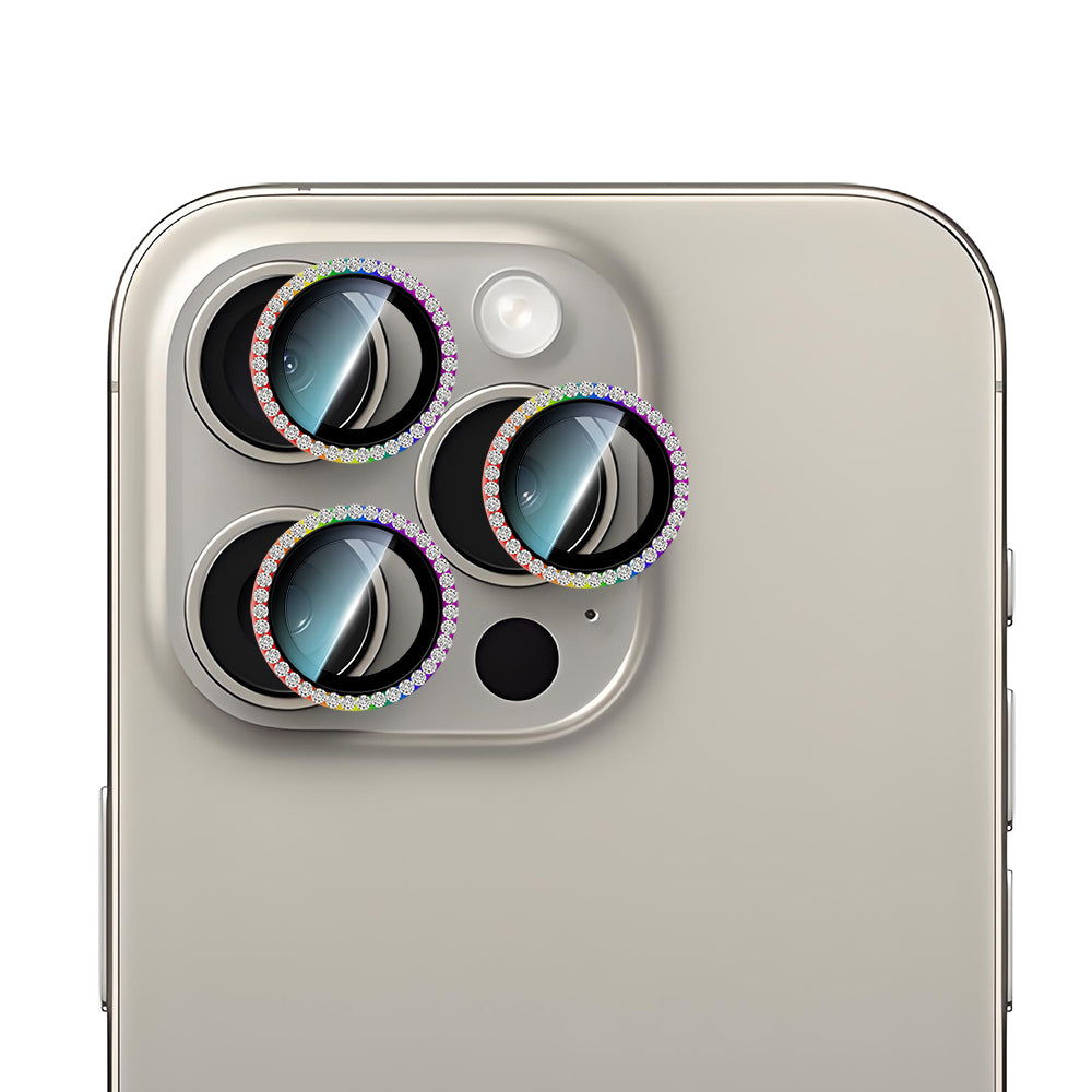 Apple iPhone 15 Pro Max CaseWorld Alloy Sparkling Diamond Serisi Taşlı Lens Koruyucu Colorful