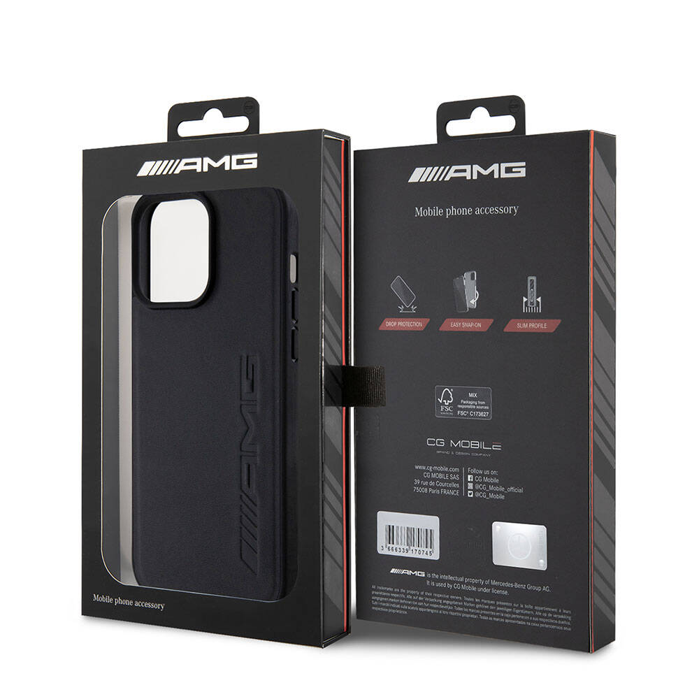 Apple iPhone 15 Pro Max Kılıf AMG Orjinal Lisanslı M-safe Şarj Özellikli Deri Sıcak Damgalı Kapak Siyah