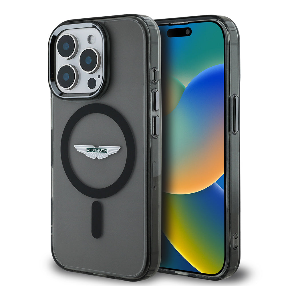 Apple iPhone 15 Pro Max Kılıf Aston Martin Orjinal Lisanslı M-safe Şarj Özellikli IML Baskı Logolu Metal Düğmeli Kapak Siyah