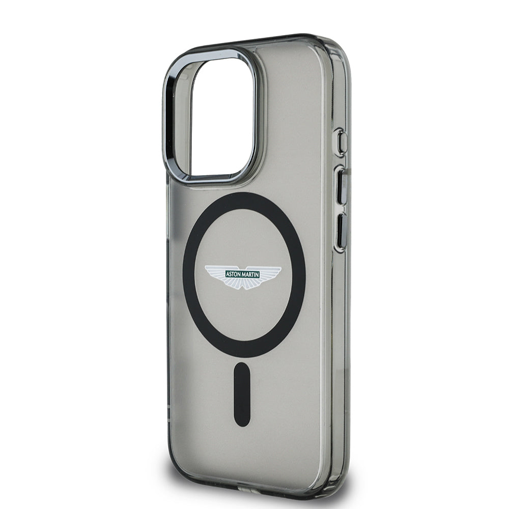 Apple iPhone 15 Pro Max Kılıf Aston Martin Orjinal Lisanslı M-safe Şarj Özellikli IML Baskı Logolu Metal Düğmeli Kapak Siyah