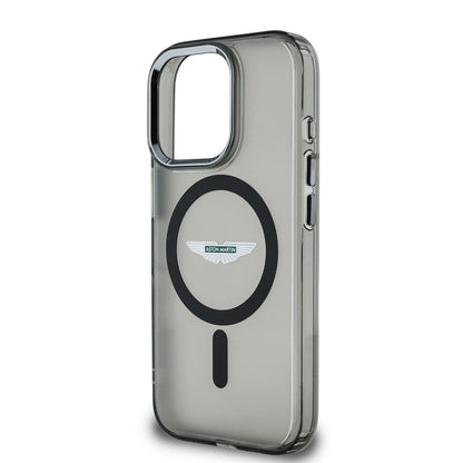 Apple iPhone 15 Pro Max Kılıf Aston Martin Orjinal Lisanslı M-safe Şarj Özellikli IML Baskı Logolu Metal Düğmeli Kapak Siyah